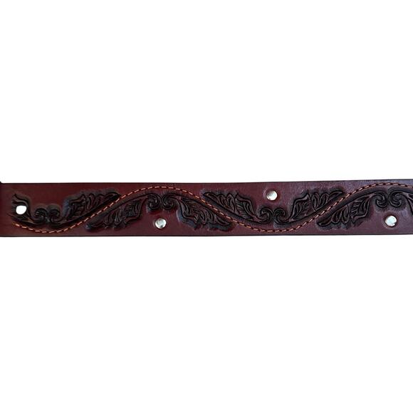 VTG Tooled Leather Belt Western Boho Cross Buckle Studded Brown Sz 34 main image 12
